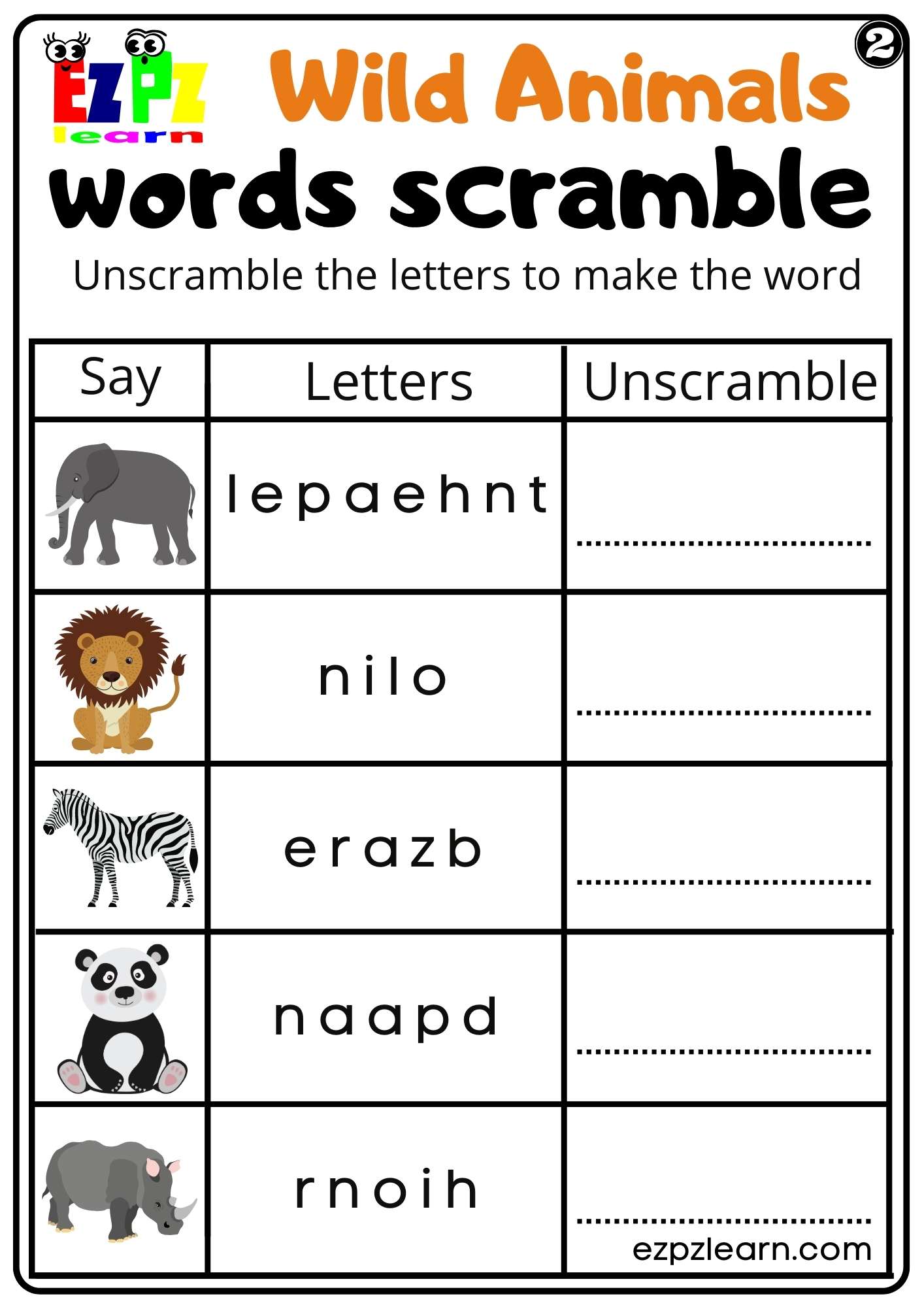 Wild Animals Word Scramble Worksheet Set 2 For kids and ESL PDF